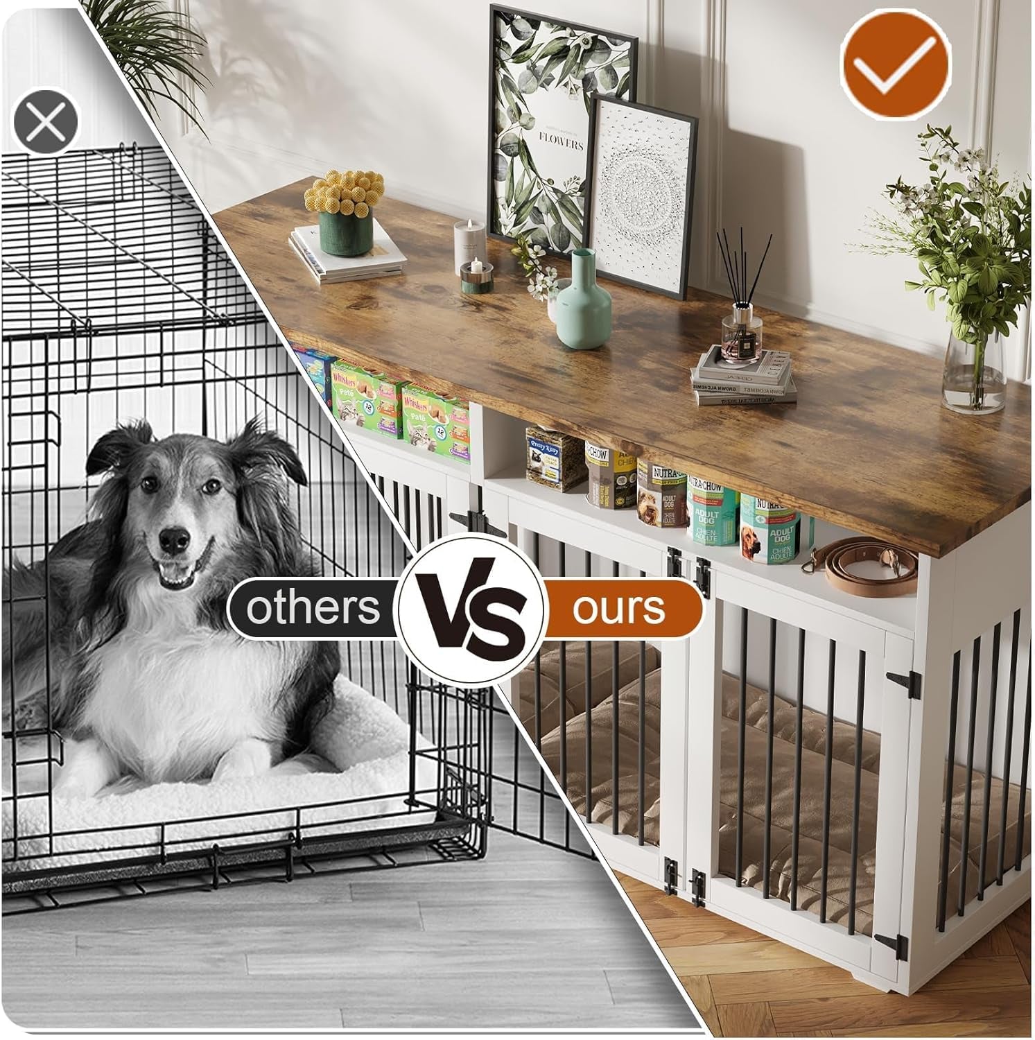 72'' Dog Crate Furniture for 2 Dogs, Wooden Dog Cage with Storage Compartment, Indoor Dog Kennel with 4 Doors for Medium Dogs, White