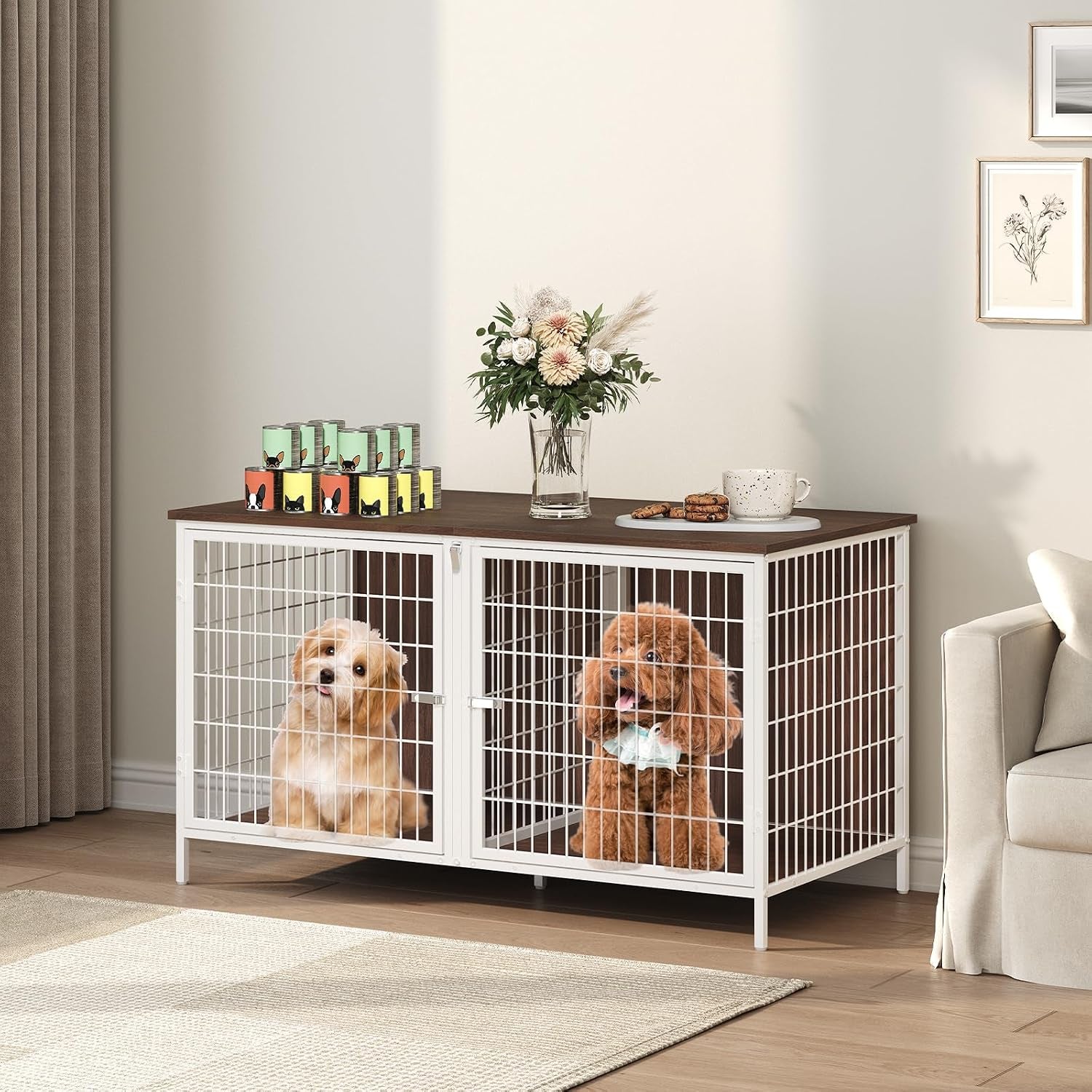 Dog Crate Furniture for 2 Dogs, 43.3" Dog Kennel with Removable Divider, Heavy Sturdy Dog Furniture Style Double Cage for Small Medium Dogs, Indoor Pet House End Table, White and Walnut