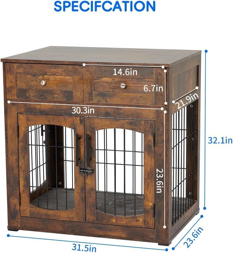 Dog Crate Furniture with Cushion,Wooden Dog Kennels Indoor with 2 Drawers | Built-In Storage Drawers, Soft Sleeping Cushion, Multi Functional Indoor Pet Kennel Table