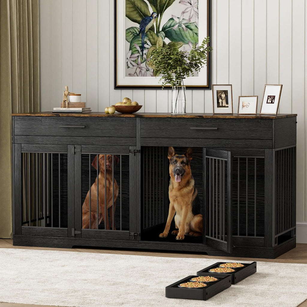 72" Double Dog Crate Furniture with Drawers and Divider, Black | Wooden Dog Kennel for 2 Medium Dogs with 2 Drawers, Removable Divider, 4 Bowls and TV Stand Top