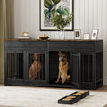 72" Double Dog Crate Furniture with Drawers and Divider, Black | Wooden Dog Kennel for 2 Medium Dogs with 2 Drawers, Removable Divider, 4 Bowls and TV Stand Top