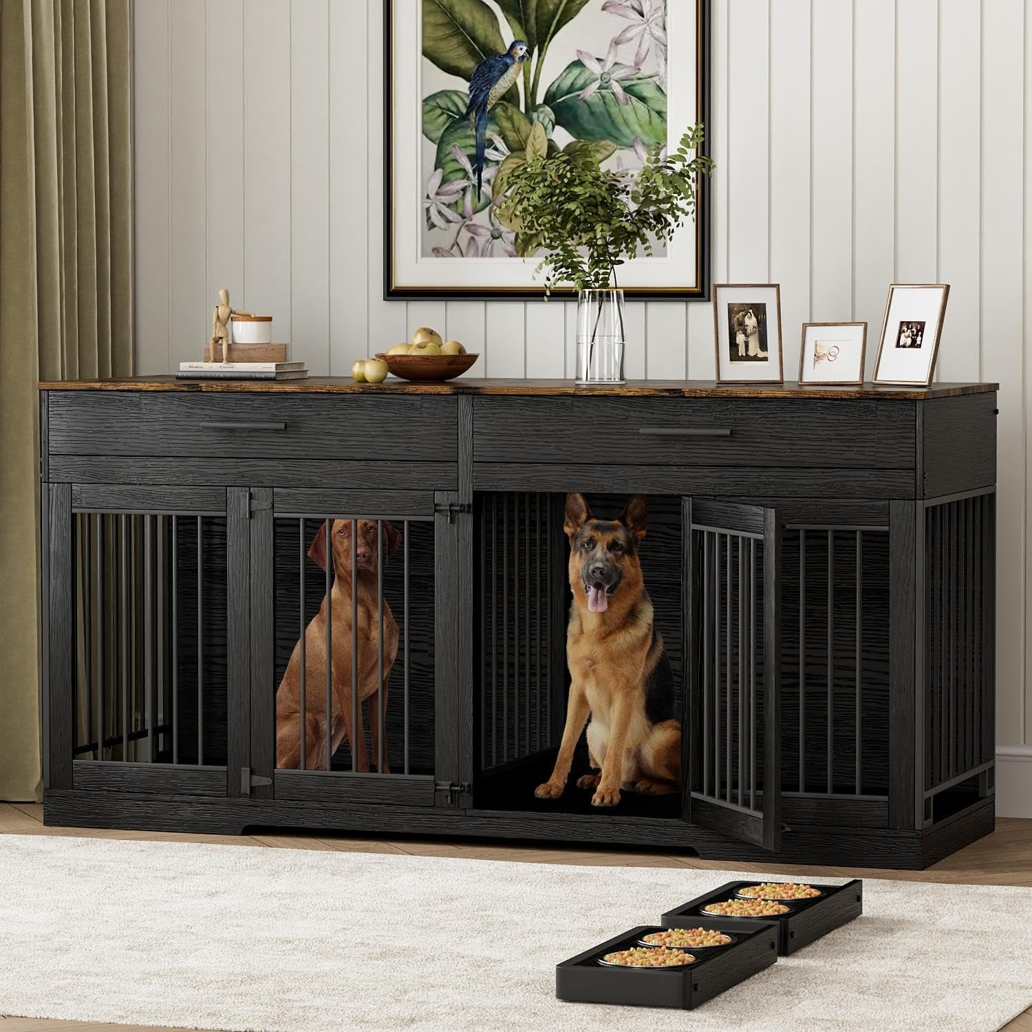 72" Double Dog Crate Furniture with Drawers and Divider, Black | Wooden Dog Kennel for 2 Medium Dogs with 2 Drawers, Removable Divider, 4 Bowls and TV Stand Top
