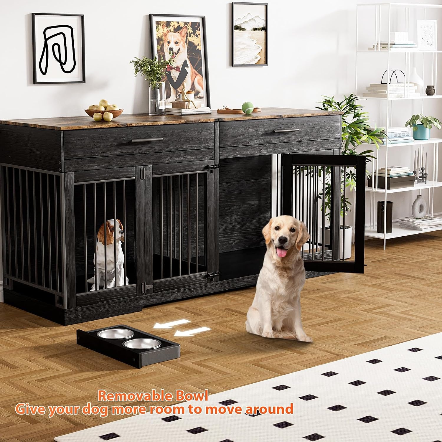 72" Double Dog Crate Furniture with Drawers and Divider, Black | Wooden Dog Kennel for 2 Medium Dogs with 2 Drawers, Removable Divider, 4 Bowls and TV Stand Top