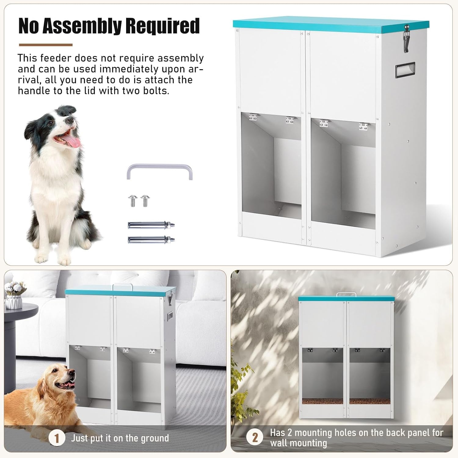 46Lb Gravity Automatic Dog Feeder for 2 Dogs, No Assembly Required | Galvanized Metal Self Feeding Dog Food Dispenser, Double Pet Feeder for Outdoor and Indoor Use