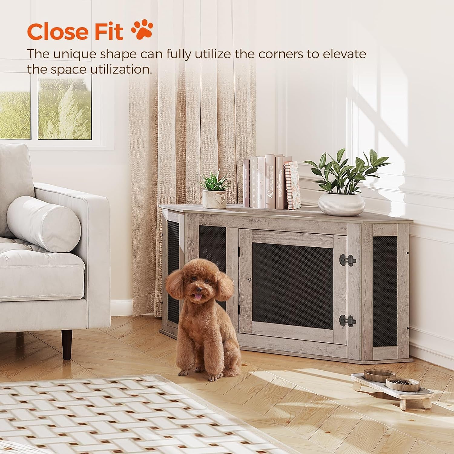 Corner Dog Crate Furniture, Wooden Dog Kennel End Table, Decorative Pet Crate Indoor Use, Furniture Style Dog House for Small Medium Dog, Dog Cage TV Stand, Greige and Black DCHG0801