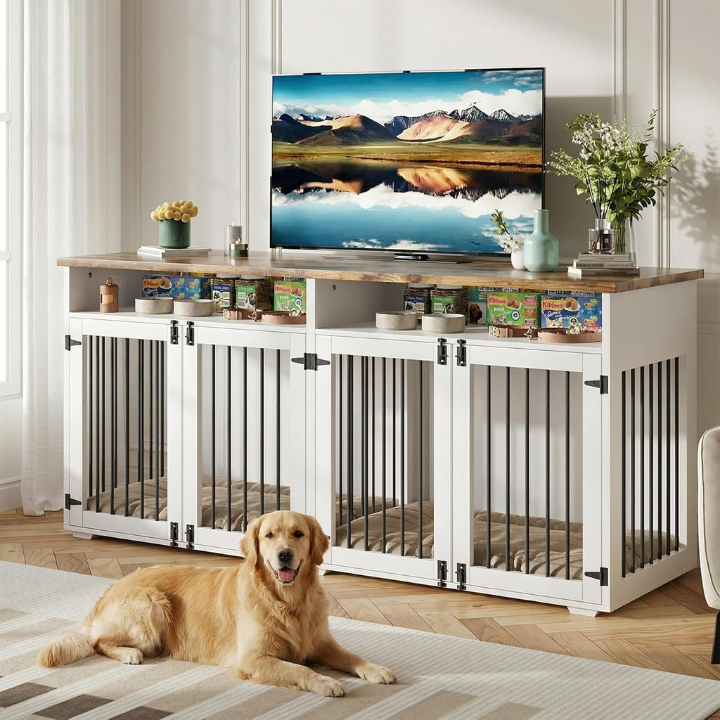 72'' Dog Crate Furniture for 2 Dogs, Wooden Dog Cage with Storage Compartment, Indoor Dog Kennel with 4 Doors for Medium Dogs, White