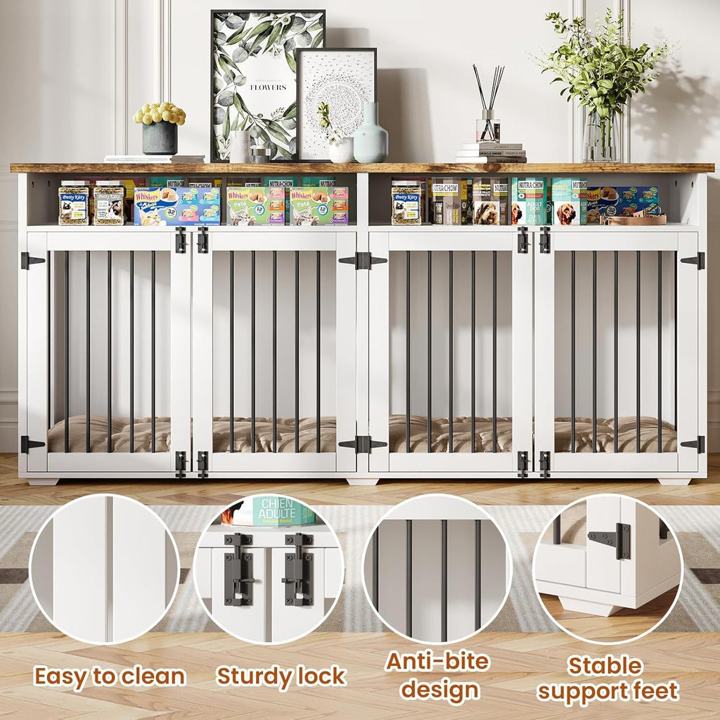 72'' Dog Crate Furniture for 2 Dogs, Wooden Dog Cage with Storage Compartment, Indoor Dog Kennel with 4 Doors for Medium Dogs, White