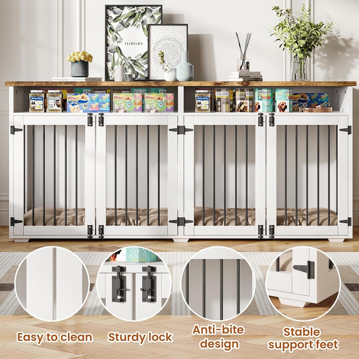72'' Dog Crate Furniture for 2 Dogs, Wooden Dog Cage with Storage Compartment, Indoor Dog Kennel with 4 Doors for Medium Dogs, White