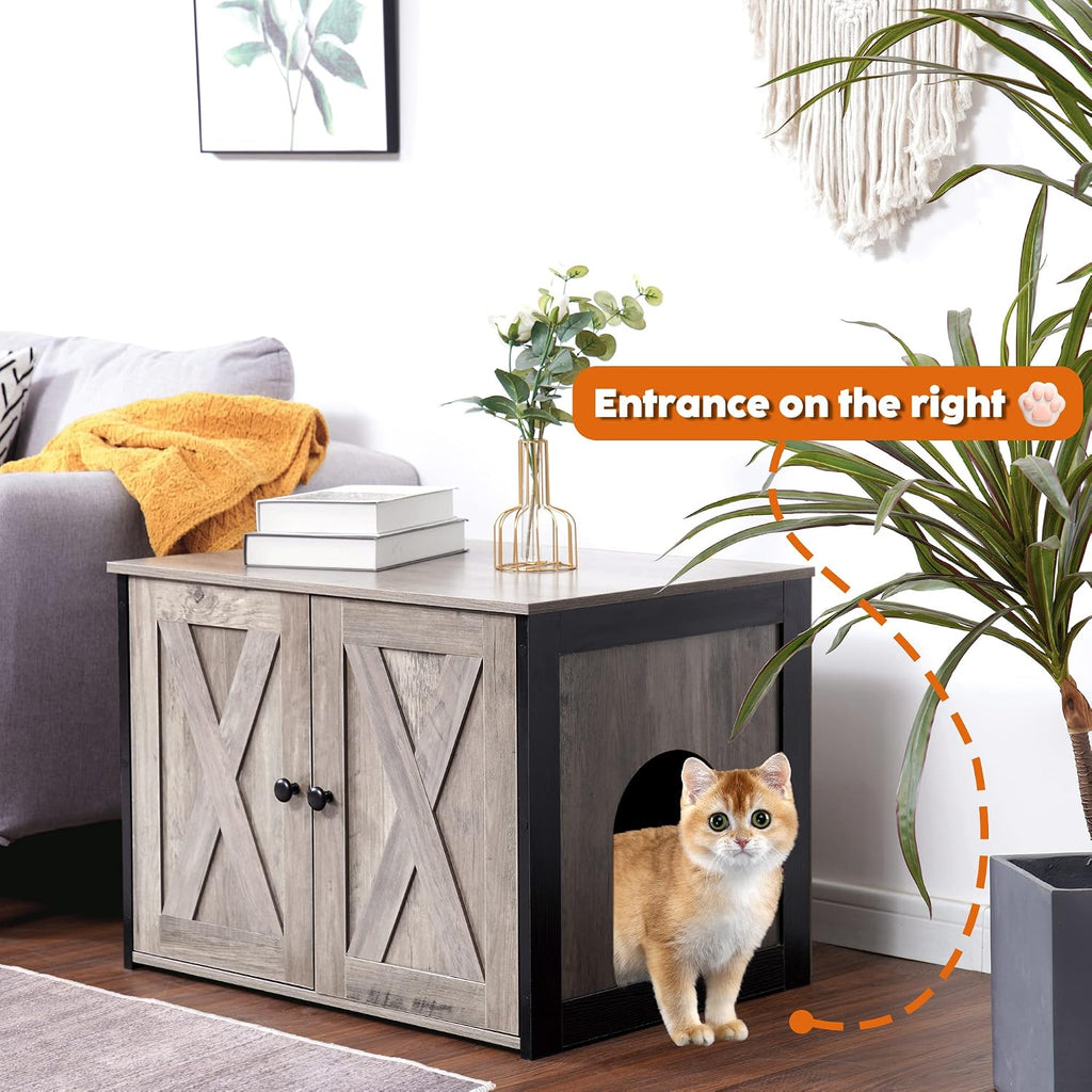 Litter Box Enclosure, Cat Litter Box Furniture Hidden, Reversible Entrance Can Be on Left or Right Side, Wooden Cat Washroom Indoor, Greige, 27.6 Inches