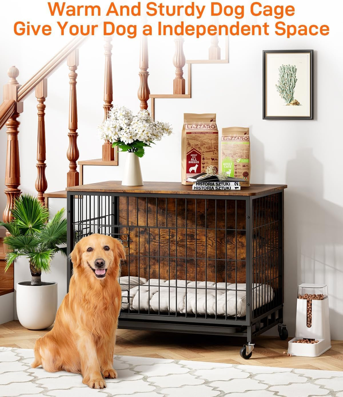 Dog Crate Furniture, 27" Dog Kennel End Table, Wooden Dog Cage with Wheels & Double Doors, Dog Crate Indoor Dog House for Large Medium Dogs, Rustic Brown