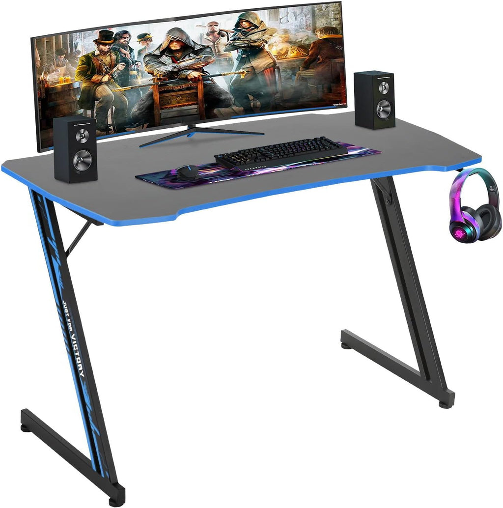 Gmaing Desk Z Shaped 47 Inch Gaming Workstation Ergonomic Gaming Table PC Computer Desk with Headphone Hook for Game Players, Blue