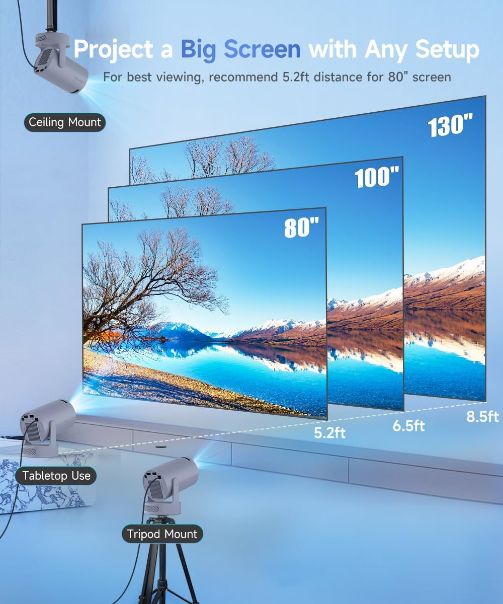 Mini Projector 4K Support, Portable Projector with Wifi 6 and Bluetooth 5.4, 5W Soundbase Speaker, Smart Proyector with Auto Vertical Keystone 180°Rotatable for Movie Home Outdoor