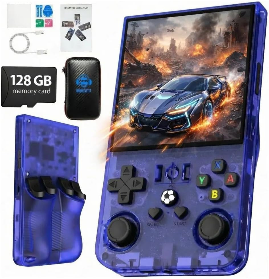 R36MAX Handheld Retro Game Console,4.0" IPS 720X720 HD Screen,128Gb with 30,000+ Classic Games Pre-Loaded,Open Source Linux,4000Mah Battery,Portable Plug & Play Retro Gaming Gift for Adults,Blue
