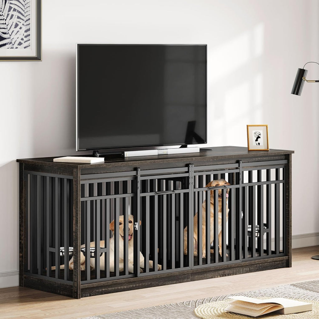71" Double Dog Crate Furniture for 2 Dogs with 4 Bowls | Heavy Duty Wooden Crate TV Stand, Dog Kennel Indoor Furniture Sliding Barn Door Design for Extra Large Dogs, Black Oak