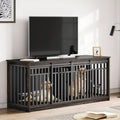 71" Double Dog Crate Furniture for 2 Dogs with 4 Bowls | Heavy Duty Wooden Crate TV Stand, Dog Kennel Indoor Furniture Sliding Barn Door Design for Extra Large Dogs, Black Oak