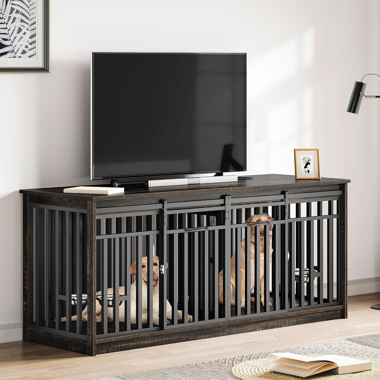 71" Double Dog Crate Furniture for 2 Dogs with 4 Bowls | Heavy Duty Wooden Crate TV Stand, Dog Kennel Indoor Furniture Sliding Barn Door Design for Extra Large Dogs, Black Oak