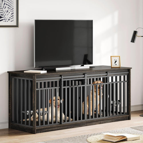 71" Double Dog Crate Furniture for 2 Dogs with 4 Bowls | Heavy Duty Wooden Crate TV Stand, Dog Kennel Indoor Furniture Sliding Barn Door Design for Extra Large Dogs, Black Oak