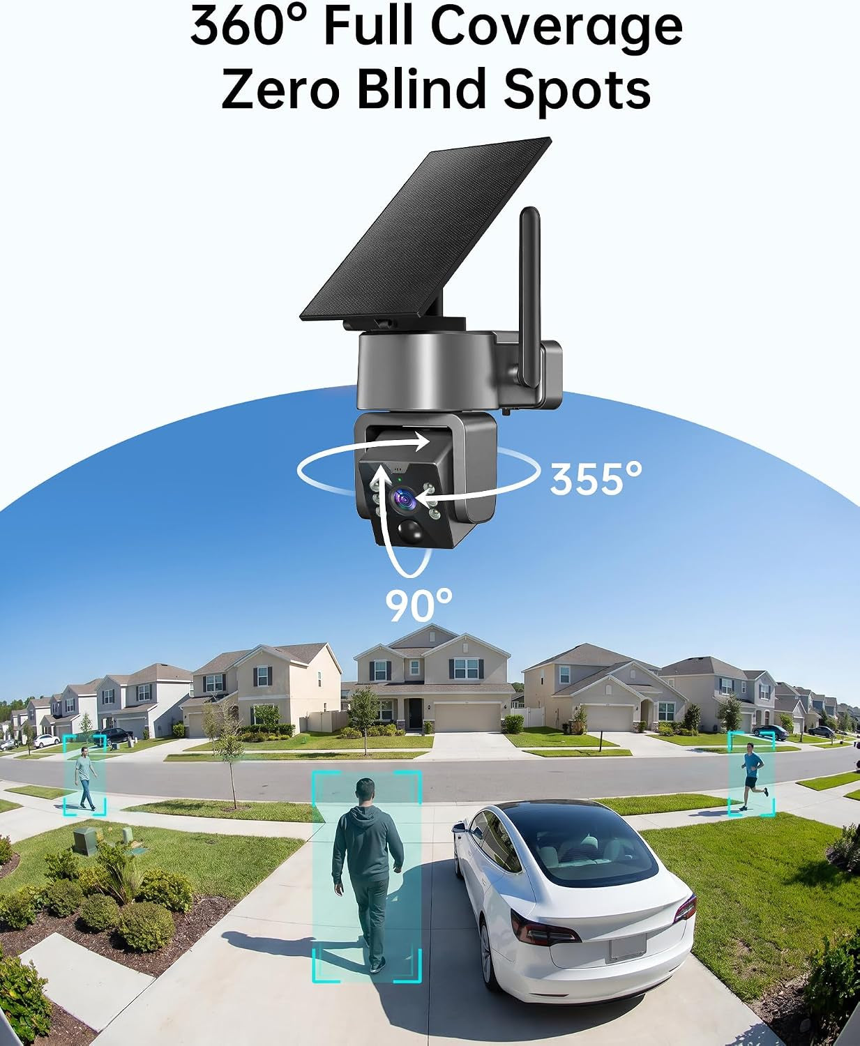 Solar Security Camera, Outdoor Security Camera Wireless, 2K Color Night Vision, 360° PTZ Security Camera Outdoor, PIR Human Detection, Two-Way Voice Calling