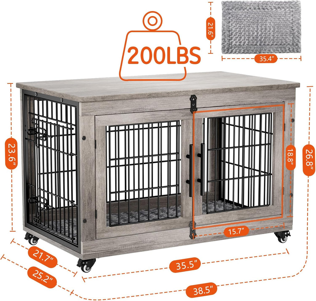 Large Dog Crate Furniture, 38'' Heavy Duty Wood Kennel W/Cushion & Wheels | Grey, Double Doors, Wooden Dog Cage, Chew-Resistant, End Table, Decorative, 27"/32"/38"/44" Options, Indoor
