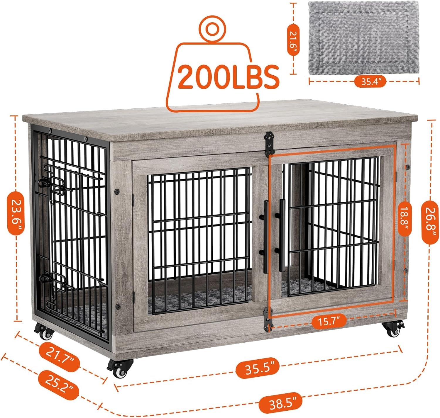 Large Dog Crate Furniture, 38'' Heavy Duty Wood Kennel W/Cushion & Wheels | Grey, Double Doors, Wooden Dog Cage, Chew-Resistant, End Table, Decorative, 27"/32"/38"/44" Options, Indoor