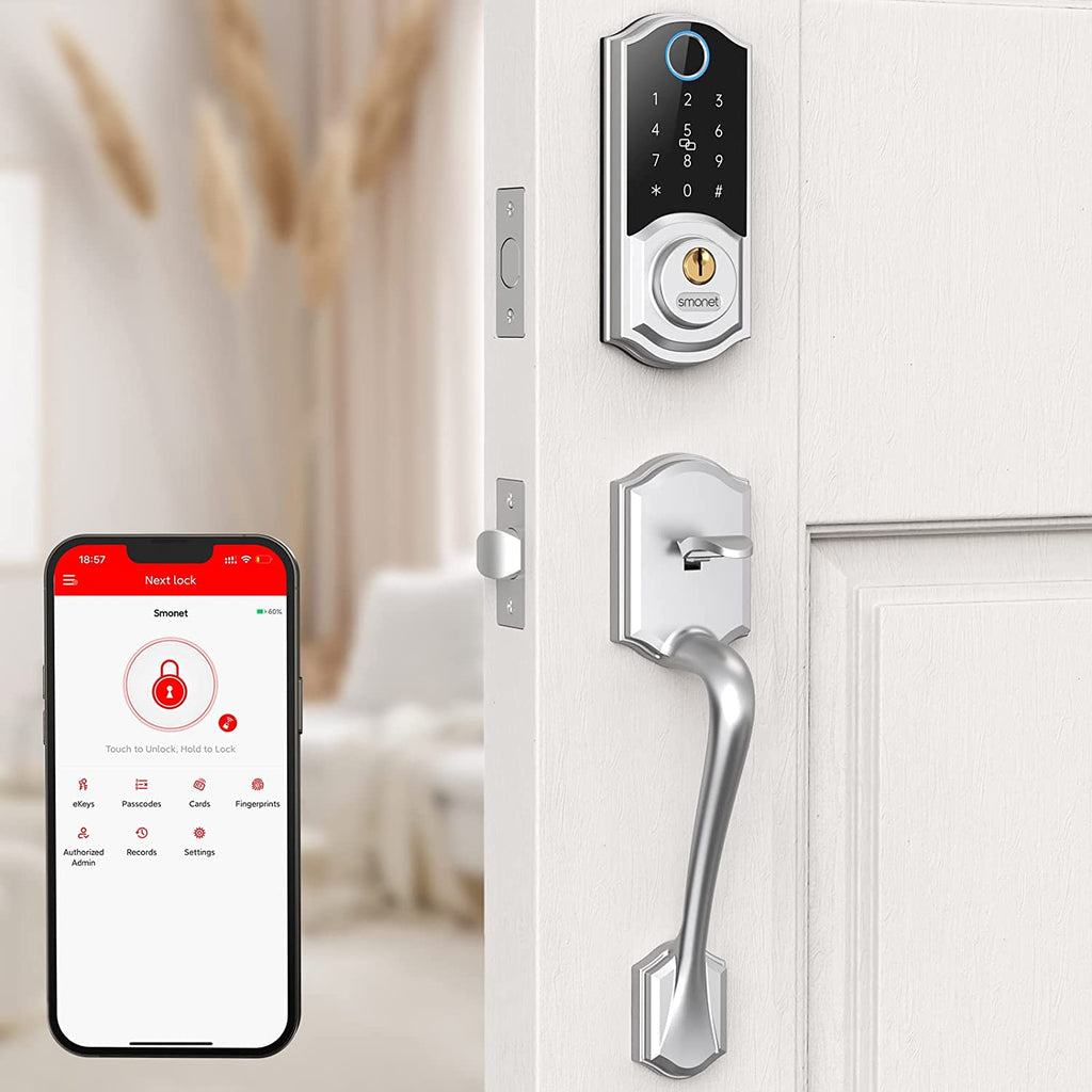 Smart Front Door Lock Set Keyless Entry Door Lock with Handle, Smart Front Door Handle Set, Fingerprint Smart Deadbolt Bluetooth Electronic Digital Keypad Lock, Auto Lock, Alexa Lock Silver