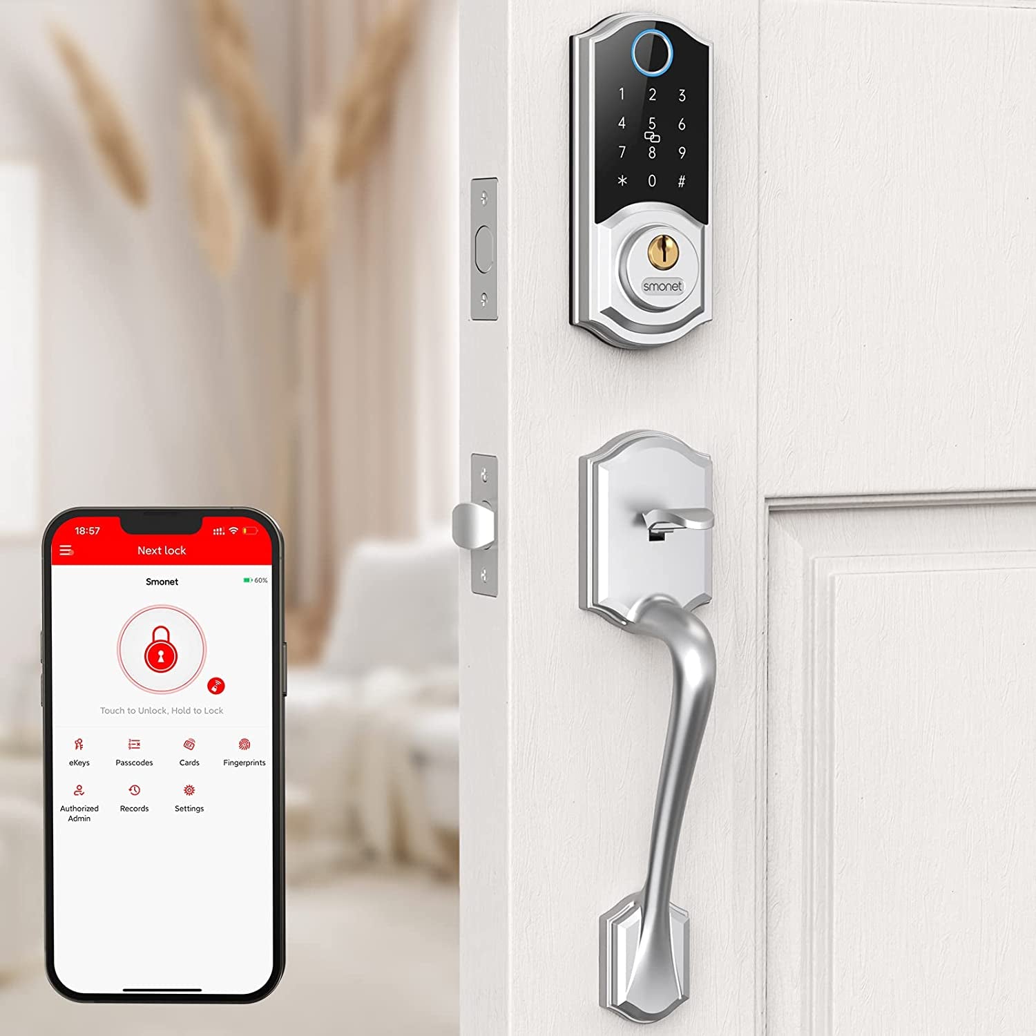 Smart Front Door Lock Set Keyless Entry Door Lock with Handle, Smart Front Door Handle Set, Fingerprint Smart Deadbolt Bluetooth Electronic Digital Keypad Lock, Auto Lock, Alexa Lock Silver