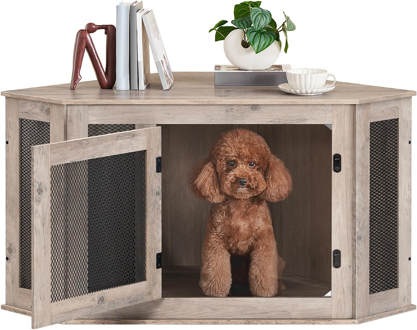 Corner Dog Crate Furniture, Wooden Dog Kennel End Table, Decorative Pet Crate Indoor Use, Furniture Style Dog House for Small Medium Dog, Dog Cage TV Stand, Greige and Black DCHG0801