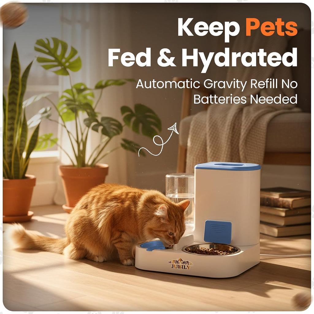 Automatic Cat Feeder & Water Dispenser – Gravity Cat Feeding Station with Stainless Steel Bowl, 2.2L Food & 1L Water Capacity, Automatic Pet Feeder for Cats & Small Dogs (Blue)