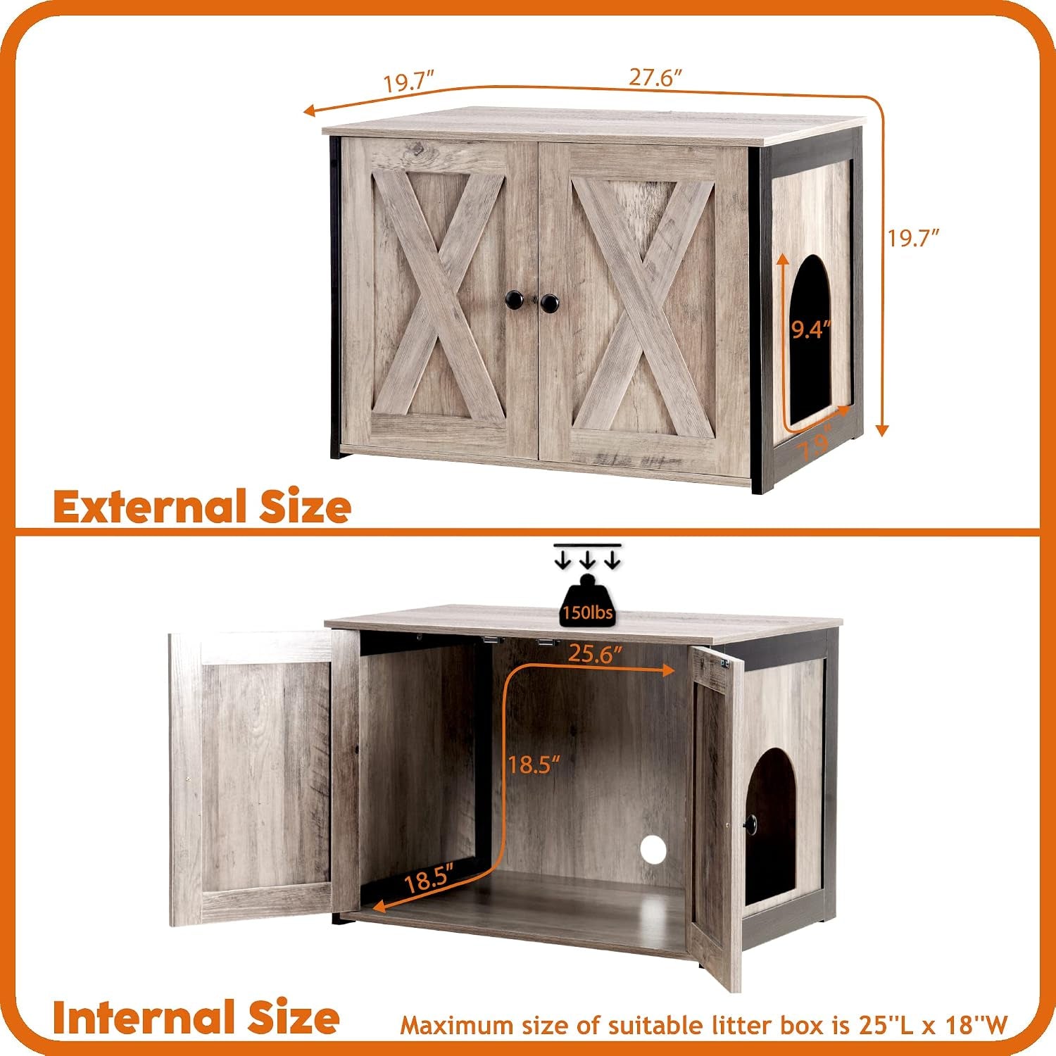 Litter Box Enclosure, Cat Litter Box Furniture Hidden, Reversible Entrance Can Be on Left or Right Side, Wooden Cat Washroom Indoor, Greige, 27.6 Inches