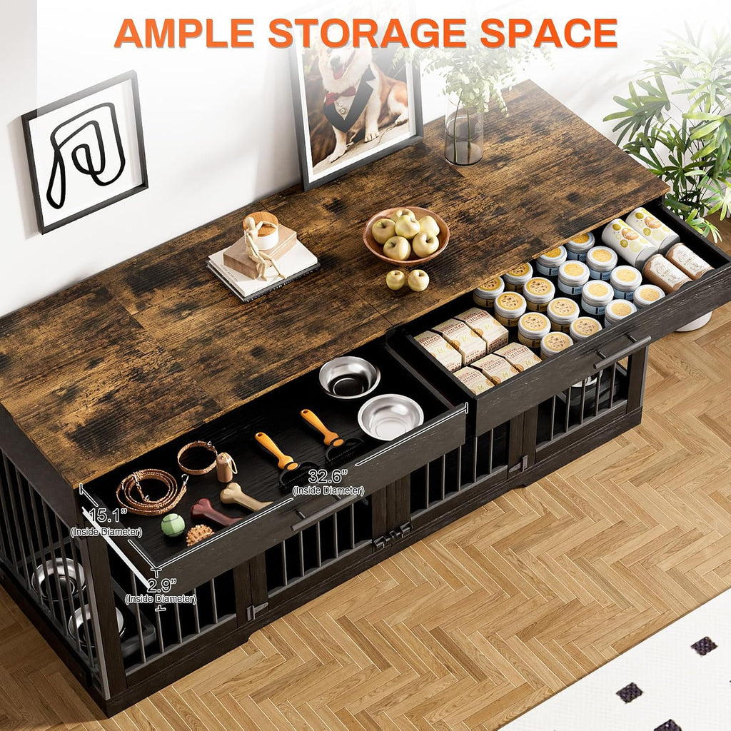 72" Double Dog Crate Furniture with Drawers and Divider, Black | Wooden Dog Kennel for 2 Medium Dogs with 2 Drawers, Removable Divider, 4 Bowls and TV Stand Top