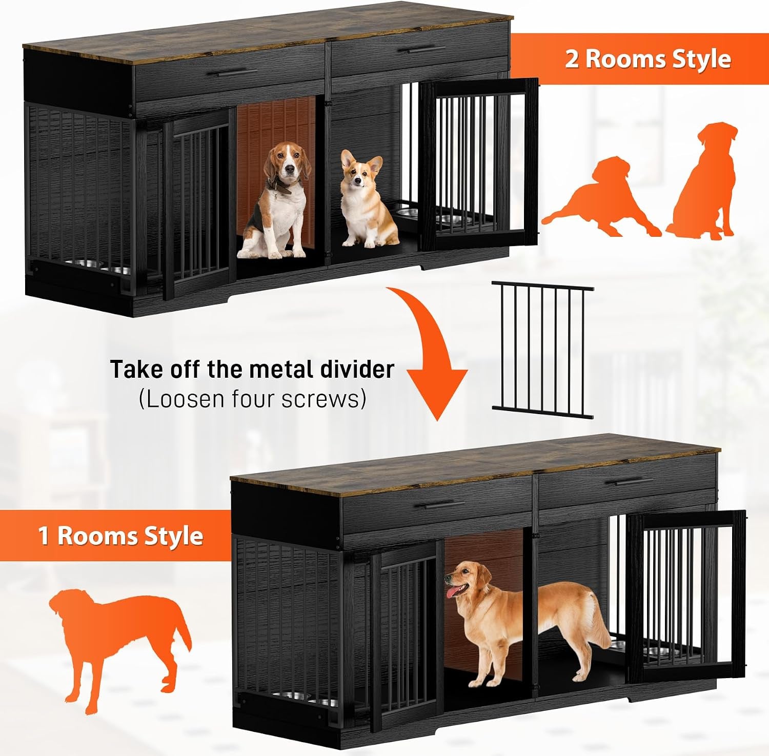 72" Double Dog Crate Furniture with Drawers and Divider, Black | Wooden Dog Kennel for 2 Medium Dogs with 2 Drawers, Removable Divider, 4 Bowls and TV Stand Top