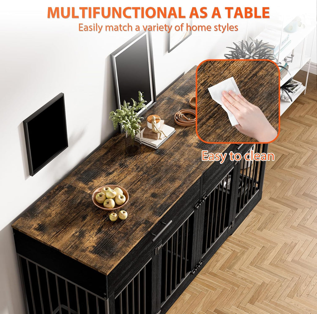 72" Double Dog Crate Furniture with Drawers and Divider, Black | Wooden Dog Kennel for 2 Medium Dogs with 2 Drawers, Removable Divider, 4 Bowls and TV Stand Top