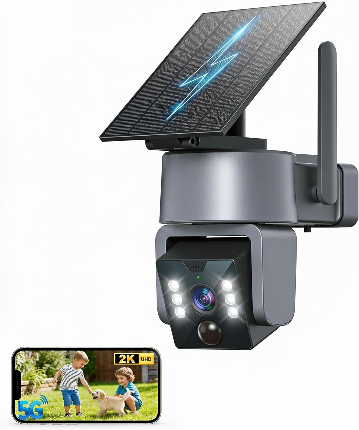 Solar Security Camera, Outdoor Security Camera Wireless, 2K Color Night Vision, 360° PTZ Security Camera Outdoor, PIR Human Detection, Two-Way Voice Calling