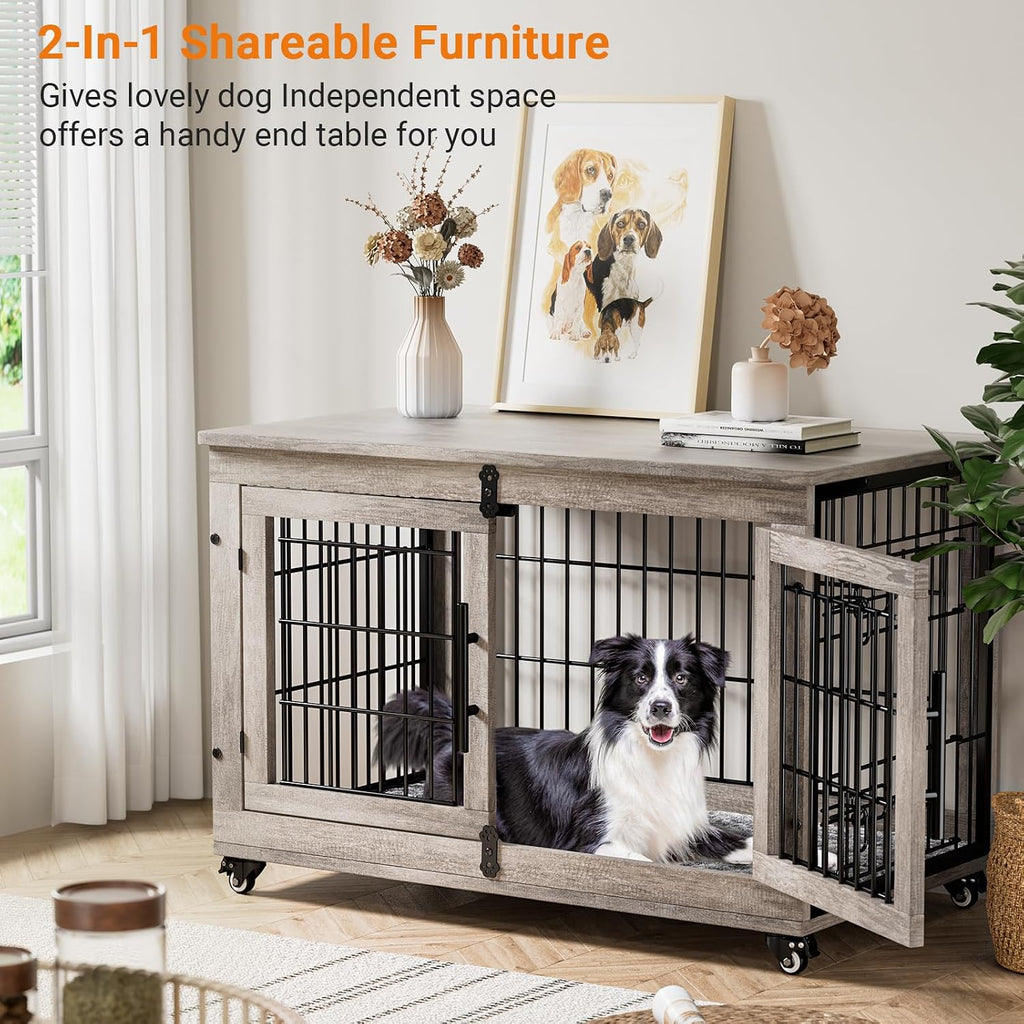 Large Dog Crate Furniture, 38'' Heavy Duty Wood Kennel W/Cushion & Wheels | Grey, Double Doors, Wooden Dog Cage, Chew-Resistant, End Table, Decorative, 27"/32"/38"/44" Options, Indoor