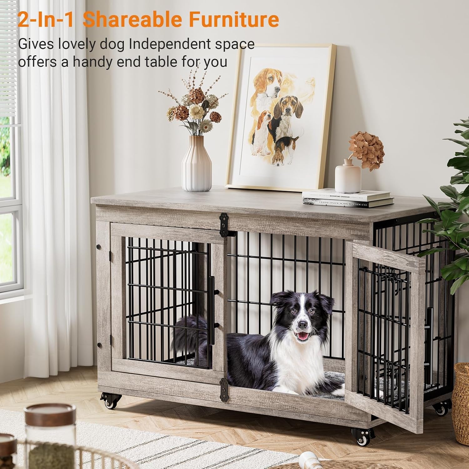Large Dog Crate Furniture, 38'' Heavy Duty Wood Kennel W/Cushion & Wheels | Grey, Double Doors, Wooden Dog Cage, Chew-Resistant, End Table, Decorative, 27"/32"/38"/44" Options, Indoor