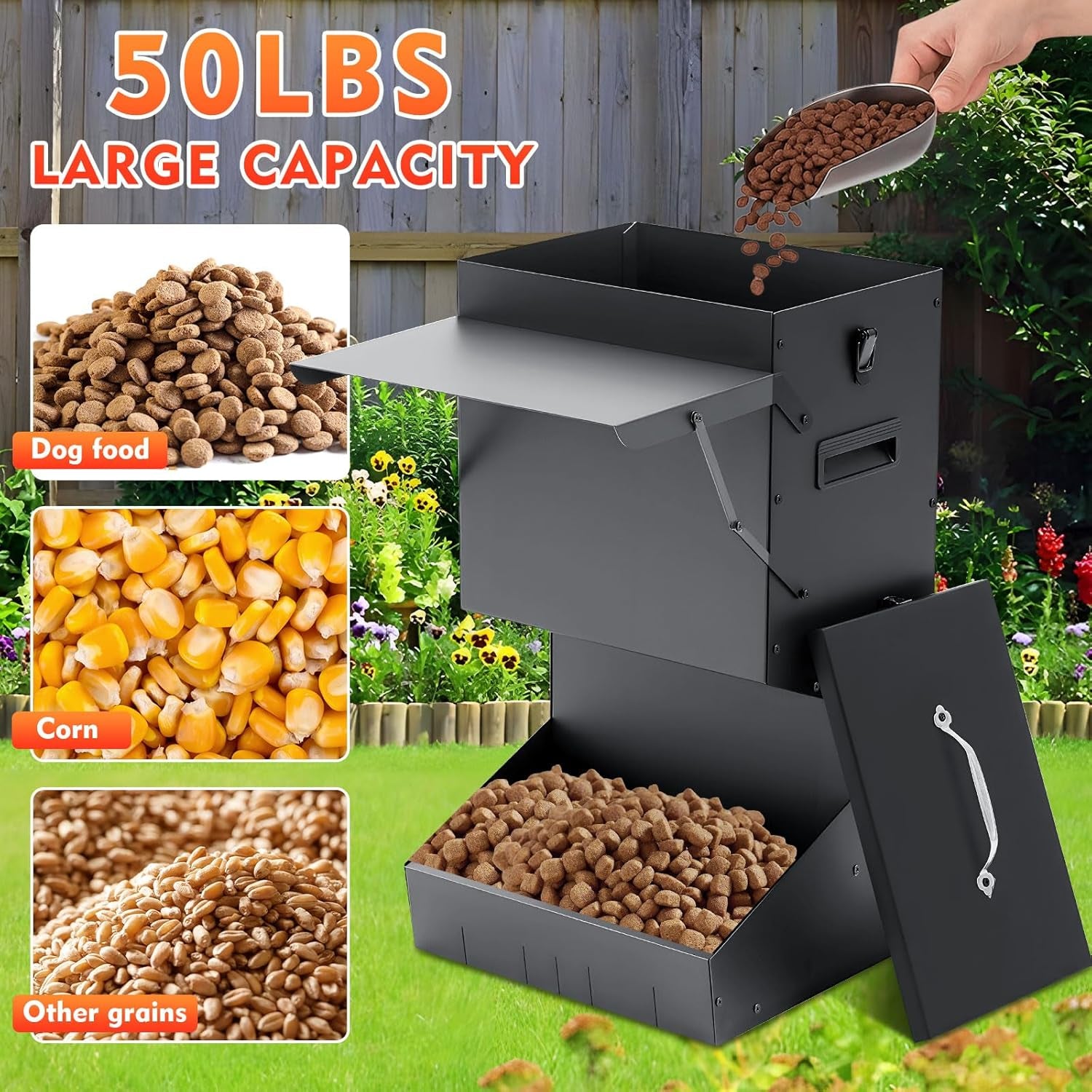 1 Pcs Automatic Dog Feeder with Lid 50 Lbs Capacity Outdoor Dog Feeder Hanging Self Feeding Pet Food Dispenser Pet Food Feeders for Large Dogs Large Breed