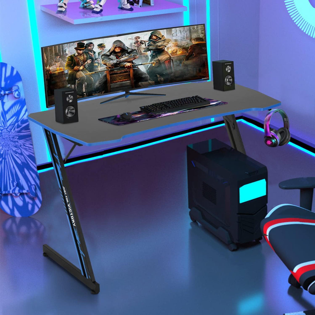 Gmaing Desk Z Shaped 47 Inch Gaming Workstation Ergonomic Gaming Table PC Computer Desk with Headphone Hook for Game Players, Blue