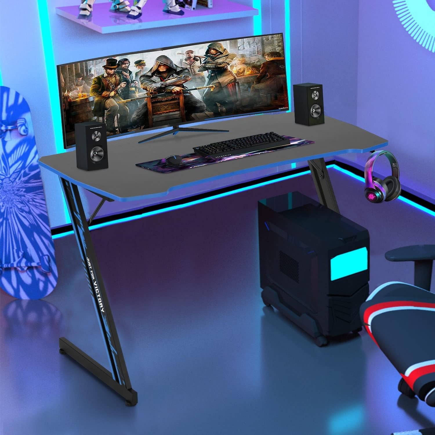 Gmaing Desk Z Shaped 47 Inch Gaming Workstation Ergonomic Gaming Table PC Computer Desk with Headphone Hook for Game Players, Blue