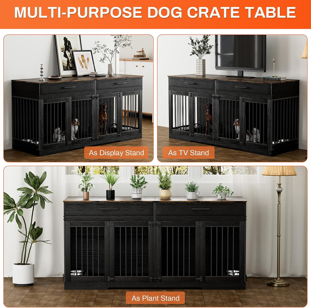 72" Double Dog Crate Furniture with Drawers and Divider, Black | Wooden Dog Kennel for 2 Medium Dogs with 2 Drawers, Removable Divider, 4 Bowls and TV Stand Top