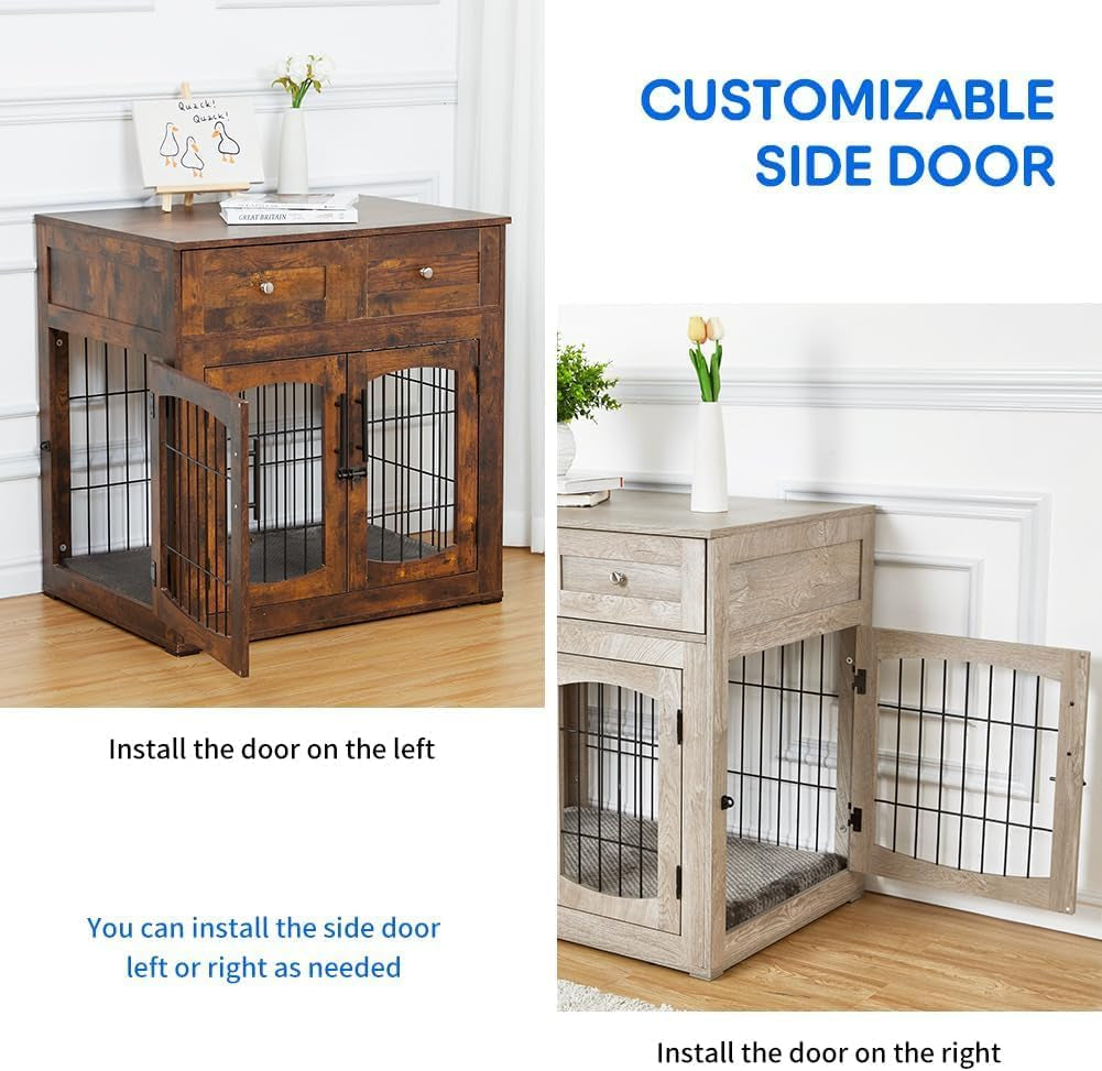Dog Crate Furniture with Cushion,Wooden Dog Kennels Indoor with 2 Drawers | Built-In Storage Drawers, Soft Sleeping Cushion, Multi Functional Indoor Pet Kennel Table