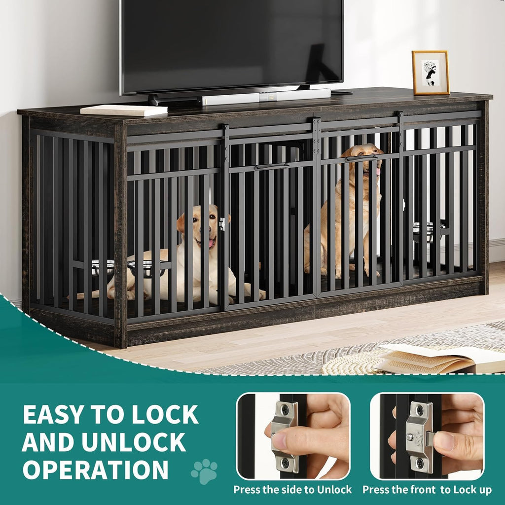 71" Double Dog Crate Furniture for 2 Dogs with 4 Bowls | Heavy Duty Wooden Crate TV Stand, Dog Kennel Indoor Furniture Sliding Barn Door Design for Extra Large Dogs, Black Oak