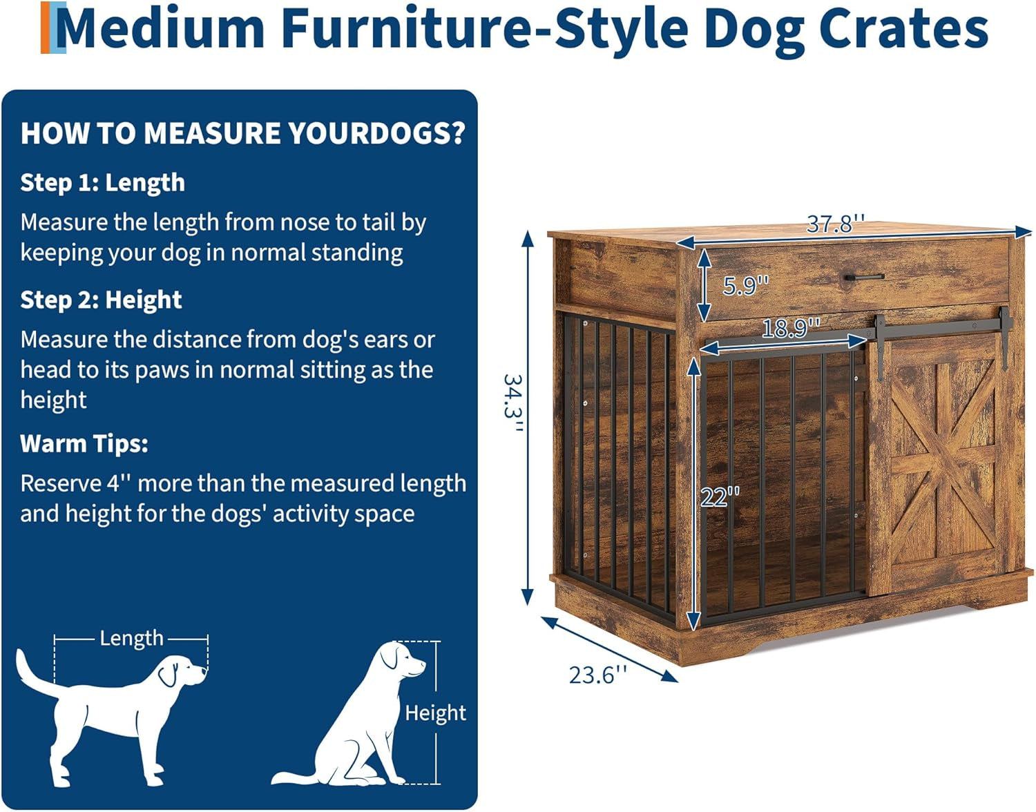 Dog Crate Furniture, 37.8" Large Dog Kennel Indoor, Wooden Kennel Table with Sliding Barn Door and Storage Drawer, Indoor Dog House for Large/Medium/Small Dogs (Brown)