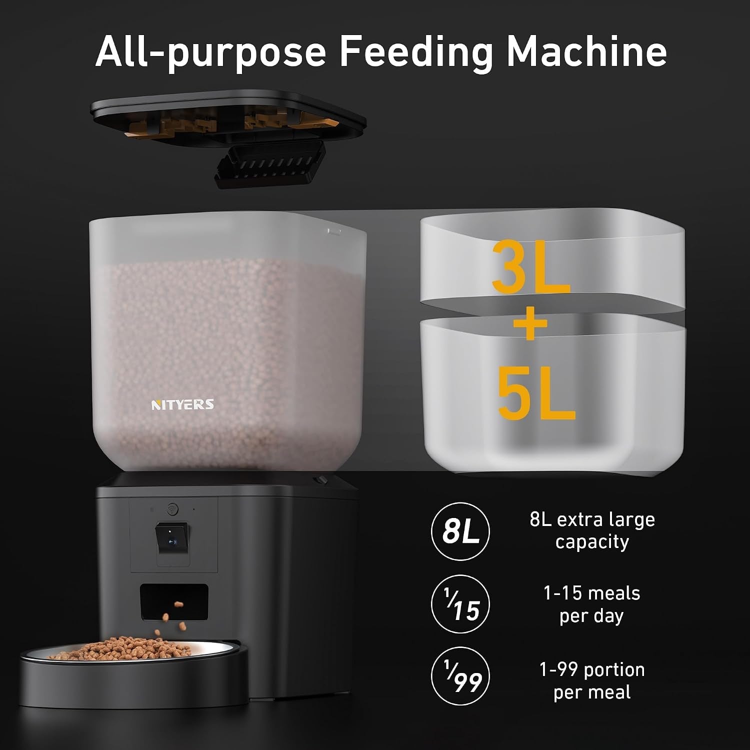 Automatic Dog & Cat Feeder with Camera & Wifi – 8L/34 Cups, 1080P Night Vision, 2.4 & 5G Wifi, 2-Way Talk, 10S Voice Recording, Timed Food Dispenser, up to 99 Portions, 15 Meals per Day