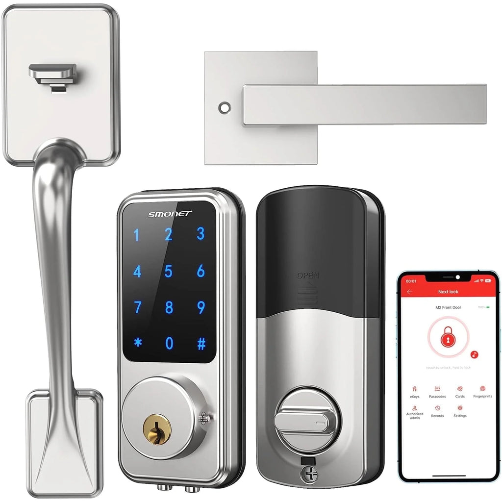 Smart Lock Front Door,  Keyless Entry Door Lock with Handle, Smart Front Door Lock Set Smart Deadbolt Bluetooth Electronic Digital Keypad Lock, Auto Lock Work with Alexa Silver