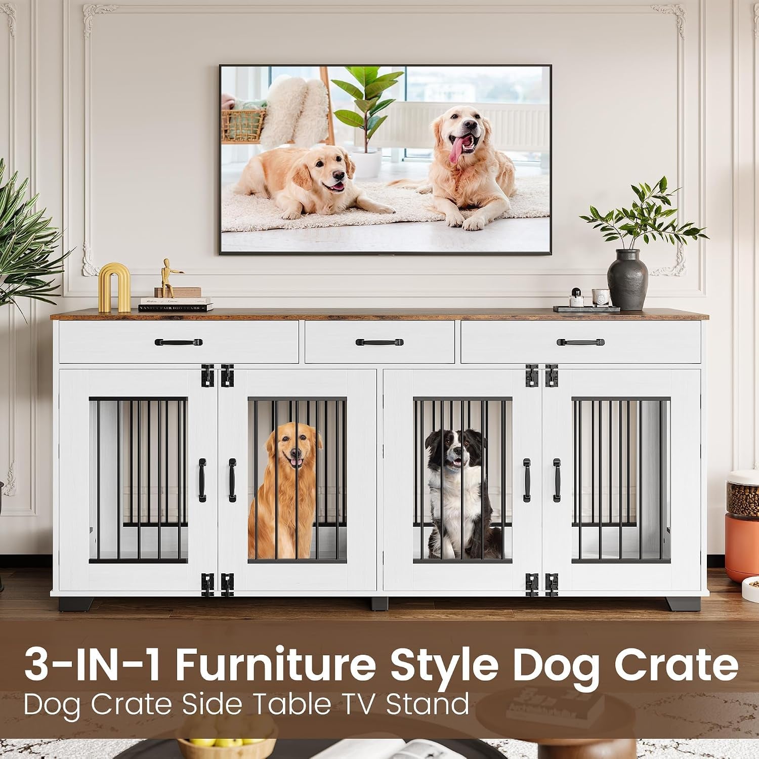 71'' Large Dog Crate for 2 Dogs, Dog Crate with 3 Drawer, White | Dog Kennel Furniture, Heavy Duty Dog Cage and TV Stand, Perfect for Medium Large Dogs