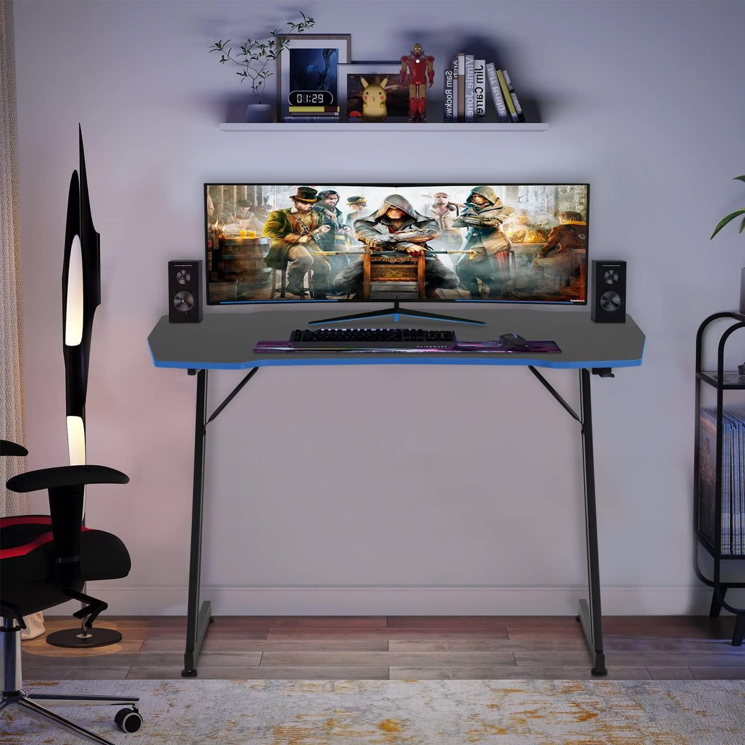 Gmaing Desk Z Shaped 47 Inch Gaming Workstation Ergonomic Gaming Table PC Computer Desk with Headphone Hook for Game Players, Blue