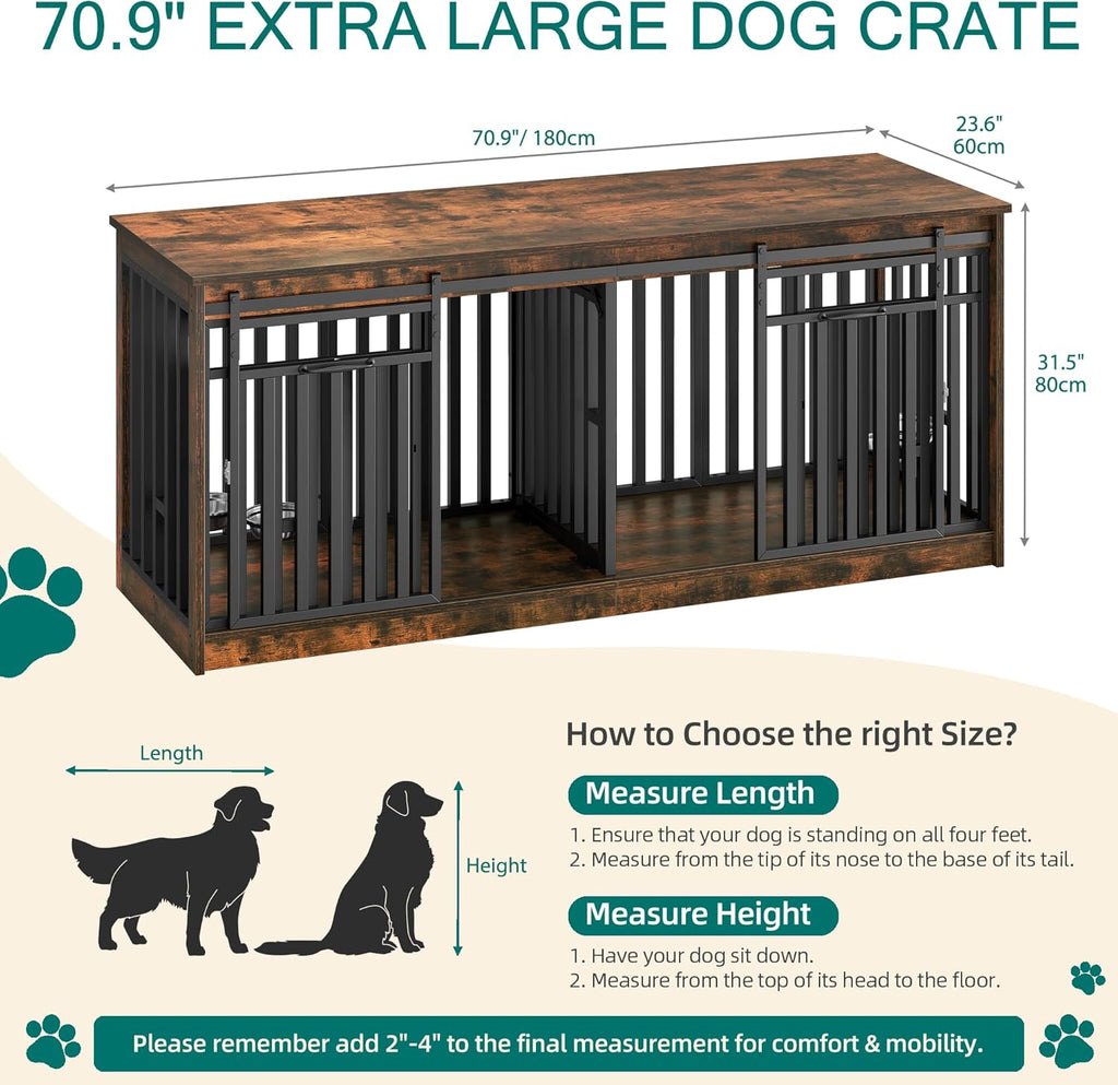 71" Double Dog Crate Furniture with 4 Dog Bowls | Heavy Duty Wooden Dog Crate TV Stand, Dog Kennel Indoor Furniture Sliding Barn Door Design for Extra Large Dogs, Rustic Brown