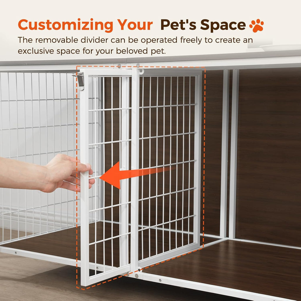 Dog Crate Furniture for 2 Dogs, 43.3" Dog Kennel with Removable Divider, Heavy Sturdy Dog Furniture Style Double Cage for Small Medium Dogs, Indoor Pet House End Table, White and Walnut