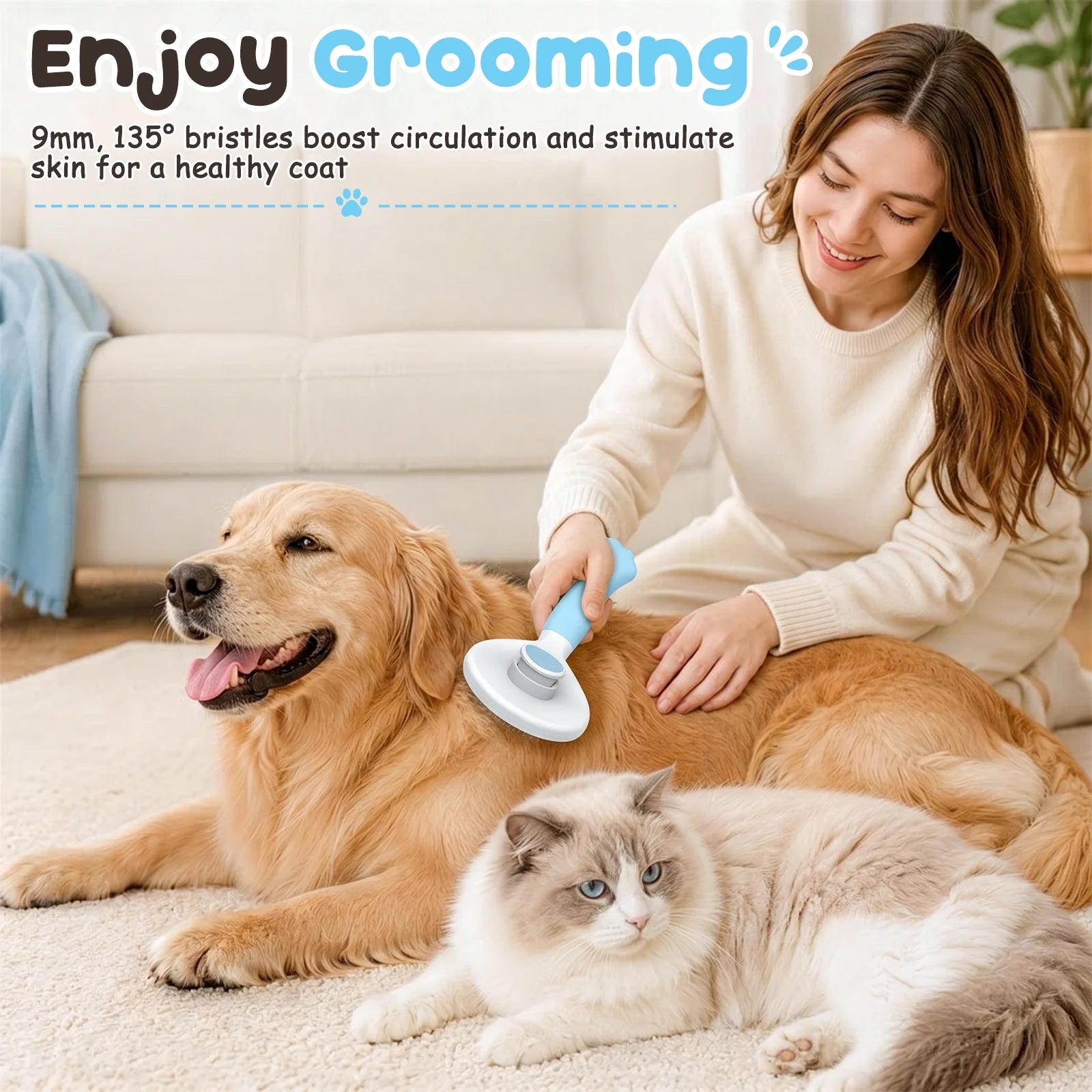 Cat & Dog Grooming Brush – Self-Cleaning Slicker Brush for Shedding, Removes Loose Fur & Tangles, Gentle & Skin-Friendly, Perfect for All Coat Types – Blue