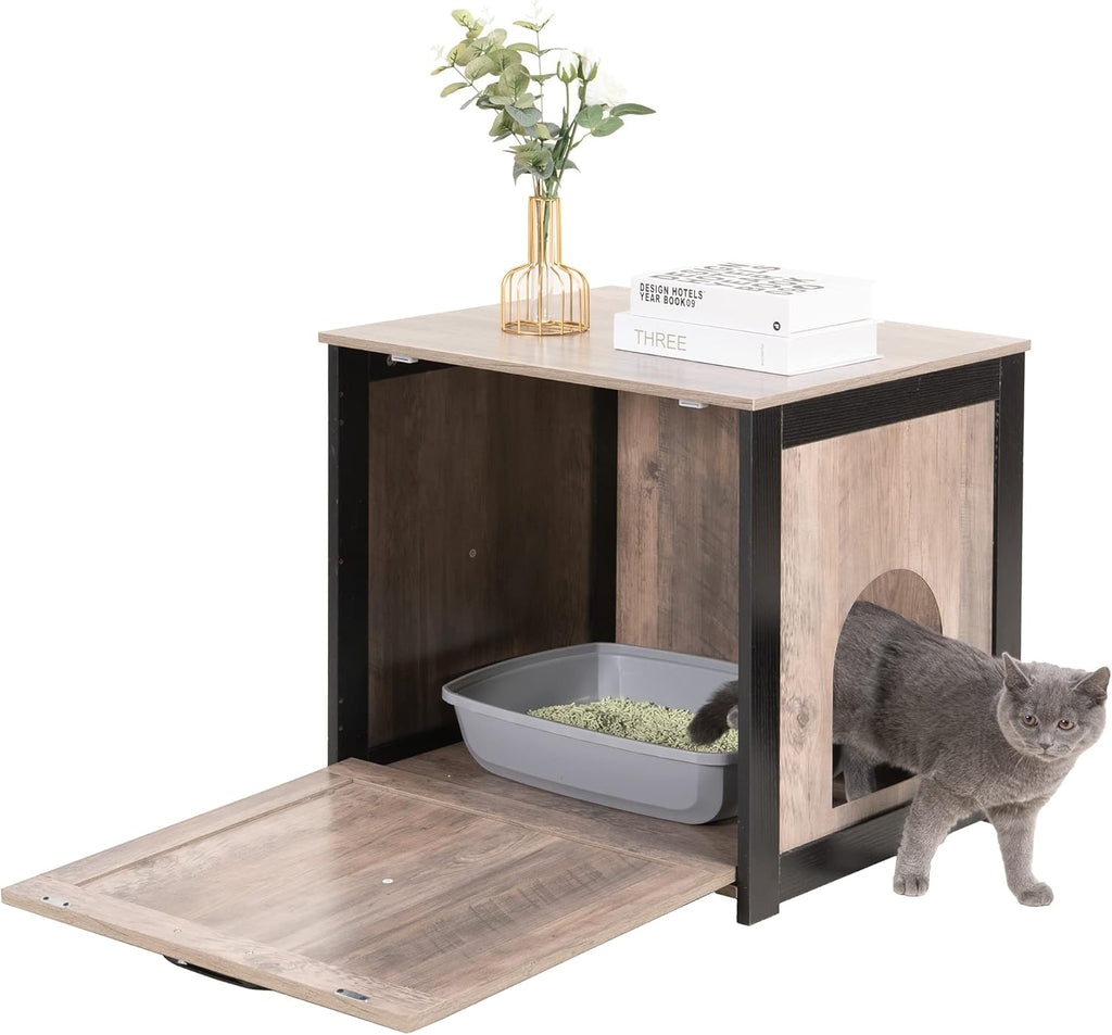 Cat Litter Box Furniture Hidden, Cat Litter Box Enclosure, Reversible Entrance Can Be on Left or Right Side, Indoor Cabinet, Wooden Washroom, End Table, Nightstand, Greige, 23.6" L